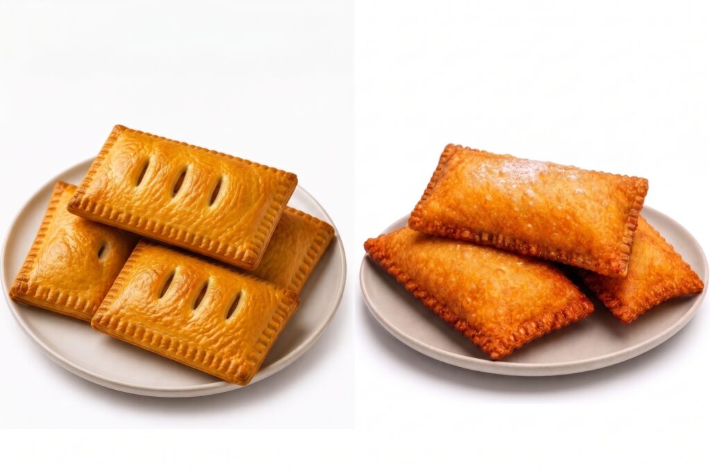 2 plates of 3 rectangular handheld pastries; baked, steam vented pastry on left vs glazed, fried, pastry on right.