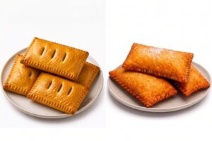 2 plates of 3 rectangular handheld pastries; baked, steam vented pastry on left vs glazed, fried, pastry on right.