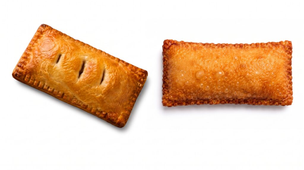 Individual handheld pastries; baked pie on left, fried pie on right