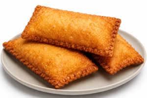 3 fried glazed, rectangular handheld pastries showing crimped edge seal on a plate.