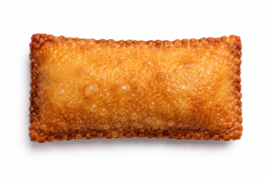 1 fried, glazed rectangular handheld pastry showing crimped edge seal.